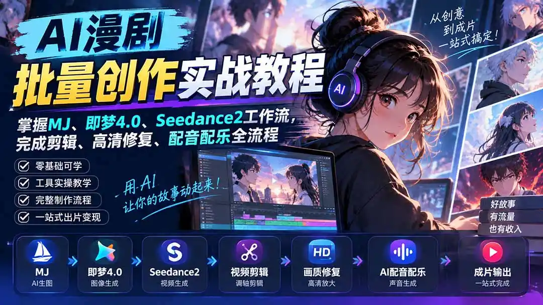 AI漫剧批量创作实战教程：掌握MJ、即梦4.0、Seedance2工作流，完成剪辑、高清修复、配音配乐全流程-阿牛笔记