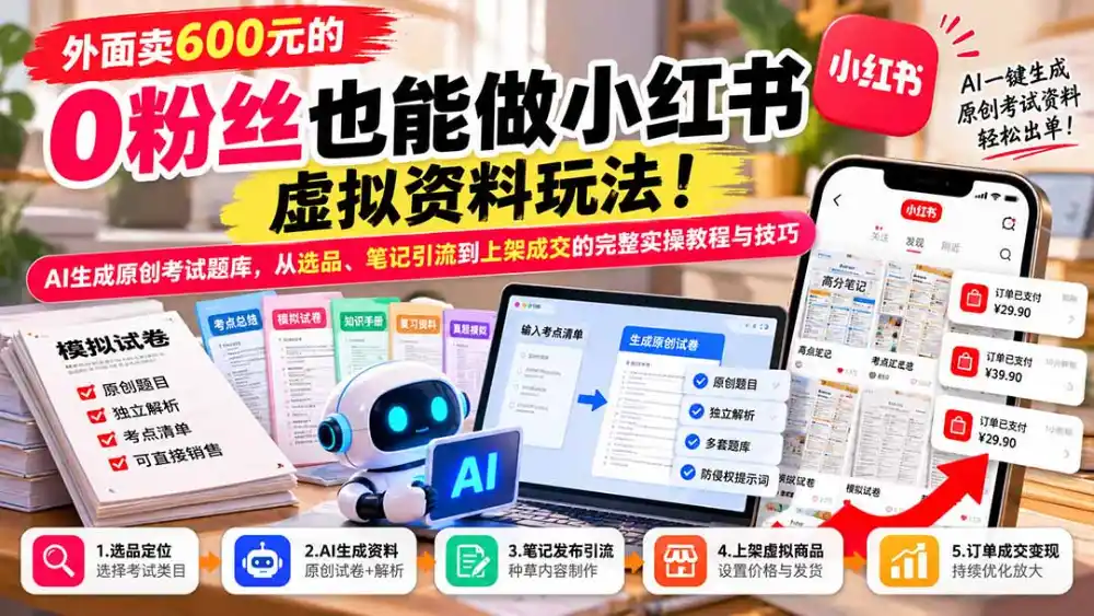 外面卖600元的 零粉丝也能做小红书虚拟资料玩法！AI生成原创考试题库，从选品、笔记引流到上架成交的完整实操教程-阿牛笔记