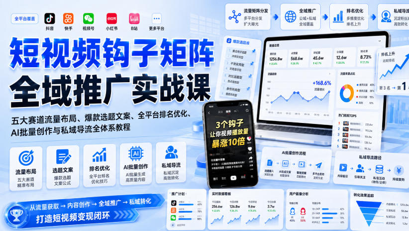 短视频钩子矩阵全域推广实战课｜五大赛道流量布局、爆款选题文案、全平台排名优化、AI批量创作与私域导流全体系教程-阿牛笔记