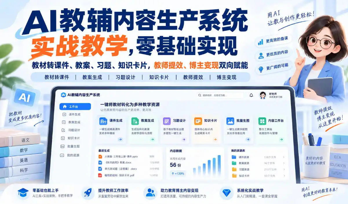 AI教辅内容生产系统实战教学,零基础实现教材转课件、教案、习题、知识卡片,教师提效、博主变现双向赋能 AI教辅内容生产系统实战教学,零基础实现教材转课件、教案、习题、知识卡片,教师提效、博主变现双向赋能