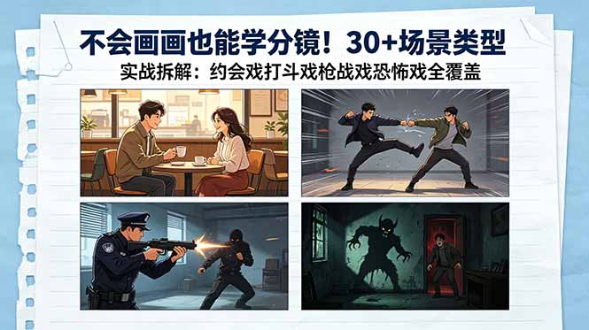不会画画也能学分镜!30+场景类型实战拆解:约会戏打斗戏枪战戏恐怖戏全覆盖-阿牛笔记