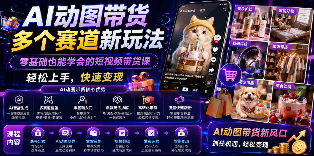 AI动图带货多个赛道新玩法，零基础也能学会的短视频带货课，轻松上手，快速变现-阿牛笔记