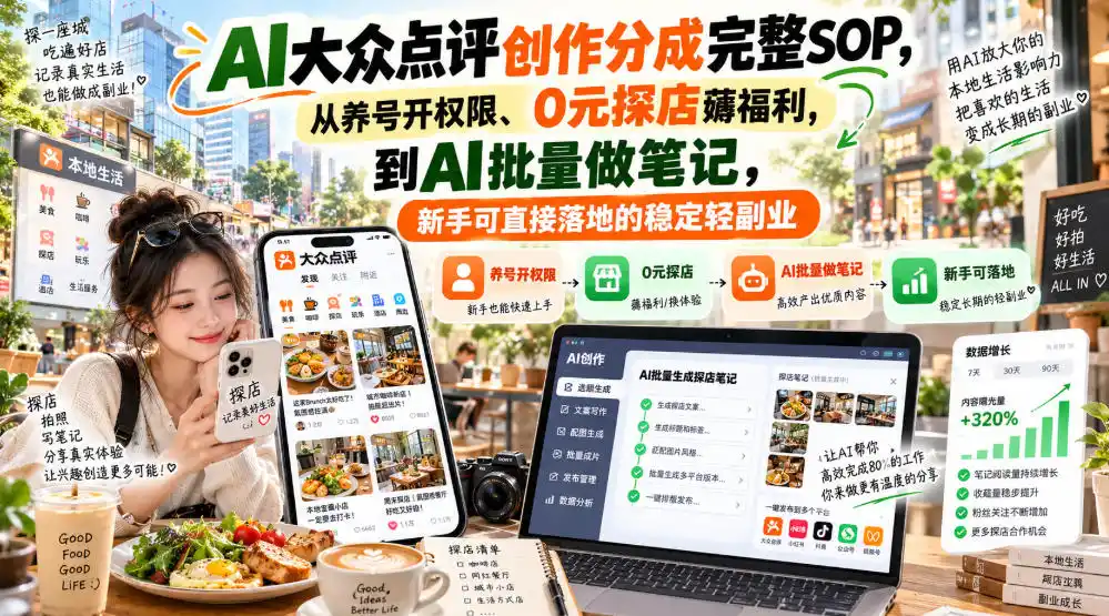 【无水印】AI大众点评创作分成完整SOP，从养号开权限、0元探店薅福利，到AI批量做笔记，新手可直接落地的稳定轻副业-阿牛笔记