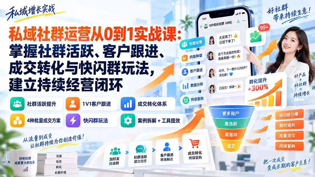 私域社群运营从0到1实战课：掌握社群活跃、客户跟进、成交转化与快闪群玩法，建立持续经营闭环-阿牛笔记