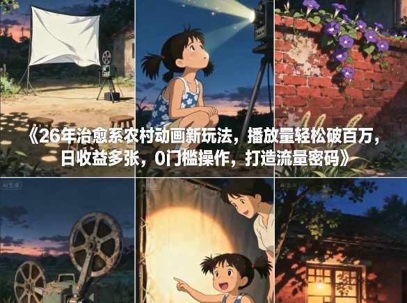 26年治愈系农村动画新玩法，播放量轻松破百万，日收益多张，0门槛操作，打造流量密码-阿牛笔记