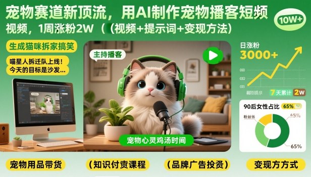 宠物赛道新顶流，用AI制作宠物播客短视频，1周涨粉2W(视频+提示词+变现方法)-阿牛笔记