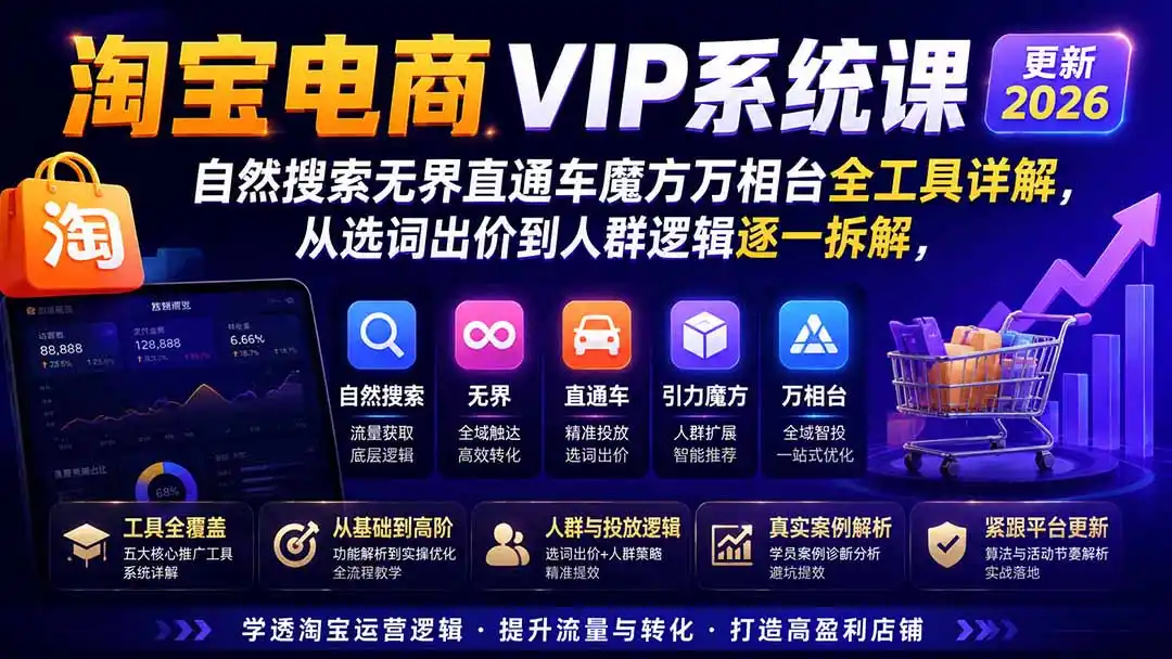 淘宝电商VIP系统课-更新8月；自然搜索无界直通车魔方万相台全工具详解，从选词出价到人群逻辑逐一拆解-阿牛笔记