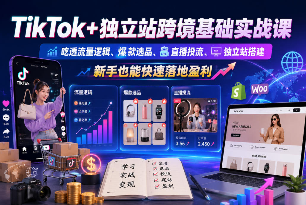 TikTok+独立站跨境基础实战课,吃透流量逻辑、爆款选品、直播投流与独立站搭建,新手也能快速落地盈利-阿牛笔记