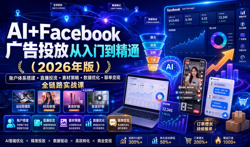 AI+Facebook广告投放从入门到精通(2026年版)|账户体系搭建・直播投流・素材策略・数据优化・聊单变现全链路实战课-阿牛笔记