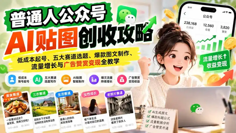 普通人公众号AI贴图创收攻略:低成本起号、五大赛道选题、爆款图文制作、流量增长与广告赞赏变现全教学-阿牛笔记
