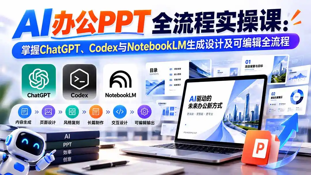 【无水印】AI办公PPT全流程实操课： 掌握ChatGPT、Codex与NotebookLM生成设计及可编辑全流程-阿牛笔记