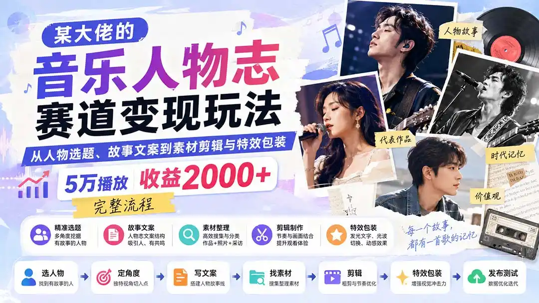 某大佬的音乐人物志赛道变现玩法：从人物选题、故事文案到素材剪辑与特效包装，5万播放收益2000+完整流程-阿牛笔记