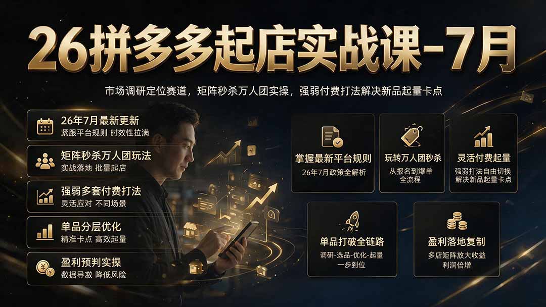 26拼多多起店实战课-7月｜市场调研定位赛道，矩阵秒杀万人团实操，强弱付费打法解决新品起量卡点-阿牛笔记