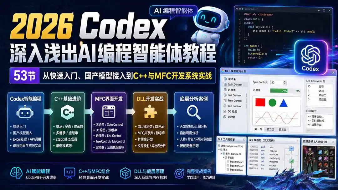 2026 Codex深入浅出AI编程智能体教程:53节从快速入门、国产模型接入到C++与MFC开发系统实战-阿牛笔记