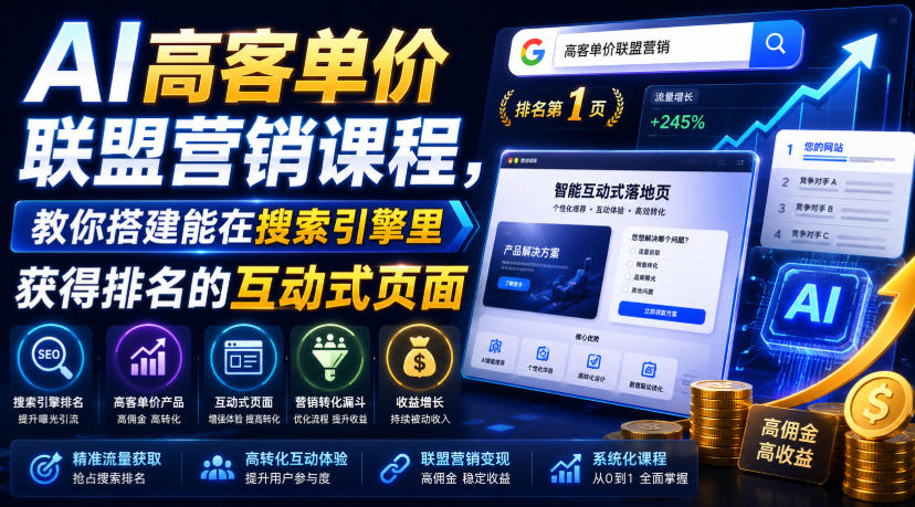 AI高客单价联盟营销课程,教你搭建能在搜索引擎里获得排名的互动式页面,引来流量,把访客转化为高佣金的成交【原创双语字幕】-阿牛笔记