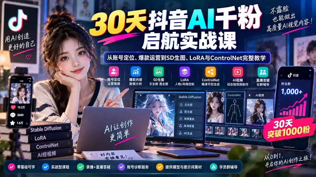 30天抖音AI千粉启航实战课：从账号定位、爆款运营到SD生图、LoRA与ControlNet完整教学-阿牛笔记