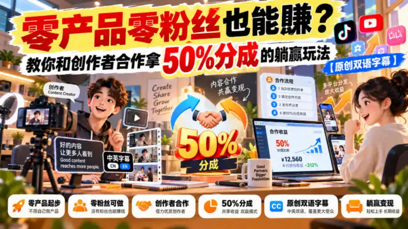 【无水印】零产品零粉丝也能賺?教你和创作者合作拿50%分成的躺赢玩法【原创双语字幕】-阿牛笔记
