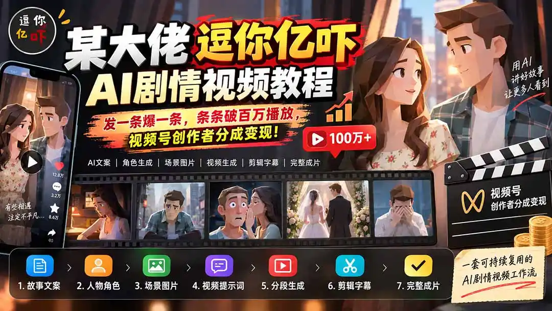 某大佬逗你亿吓AI低模剧情视频制作教程：发一条爆一条，条条破百万播放，利用视频号创作者分成变现!