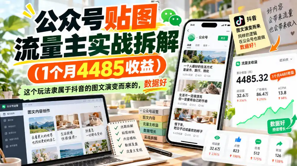 公众号贴图流量主实战拆解(1个月4485收益),这个玩法隶属于抖音的图文演变而来的,数据好-阿牛笔记