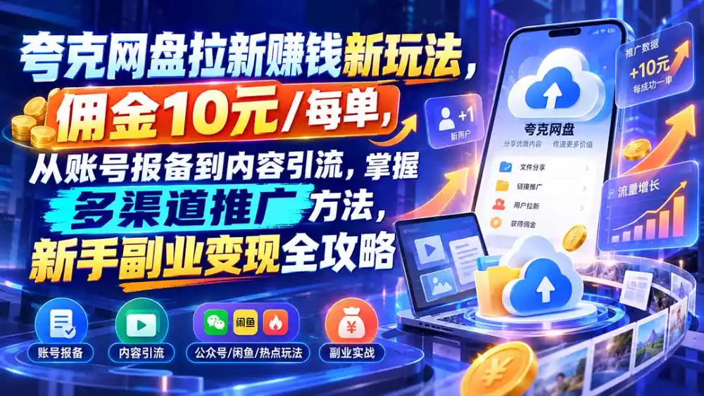 夸克网盘拉新赚钱新玩法,佣金10元/每单,从账号报备到内容引流,掌握多渠道推广方法,新手副业变现全攻略-阿牛笔记