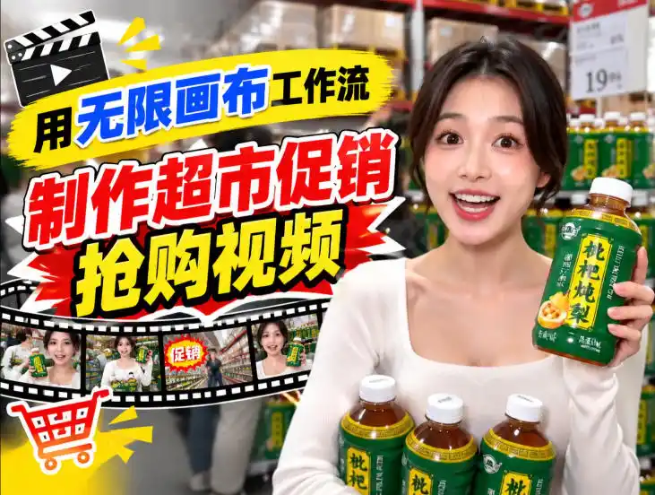 无限画布超市促销抢购视频工作流，一键产出TikTok抖音带货短视频-阿牛笔记