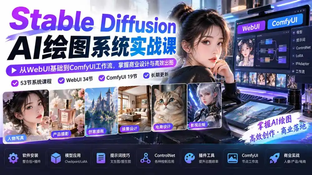 【无水印】Stable Diffusion AI绘图系统实战课：从WebUI基础到ComfyUI工作流，掌握商业设计与高效出图-阿牛笔记