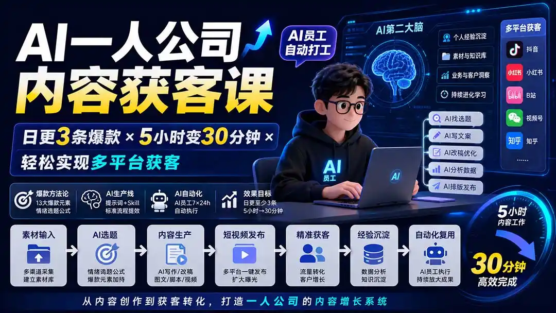 AI一人公司内容获客课-更新8月：日更3条爆款×5小时变30分钟×AI员工自动打工，轻松实现多平台获客-阿牛笔记