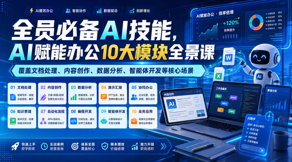 全员必备AI技能，AI赋能办公10大模块全景课，覆盖文档处理、内容创作、数据分析、智能体开发等核心场景-阿牛笔记