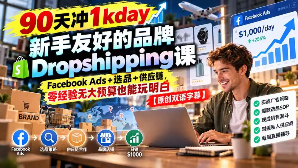 90天冲1kday 新手友好的品牌Dropshipping课：Facebook Ads+选品+供应链，零经验无大预算也能玩明白【原创双语字幕】-阿牛笔记