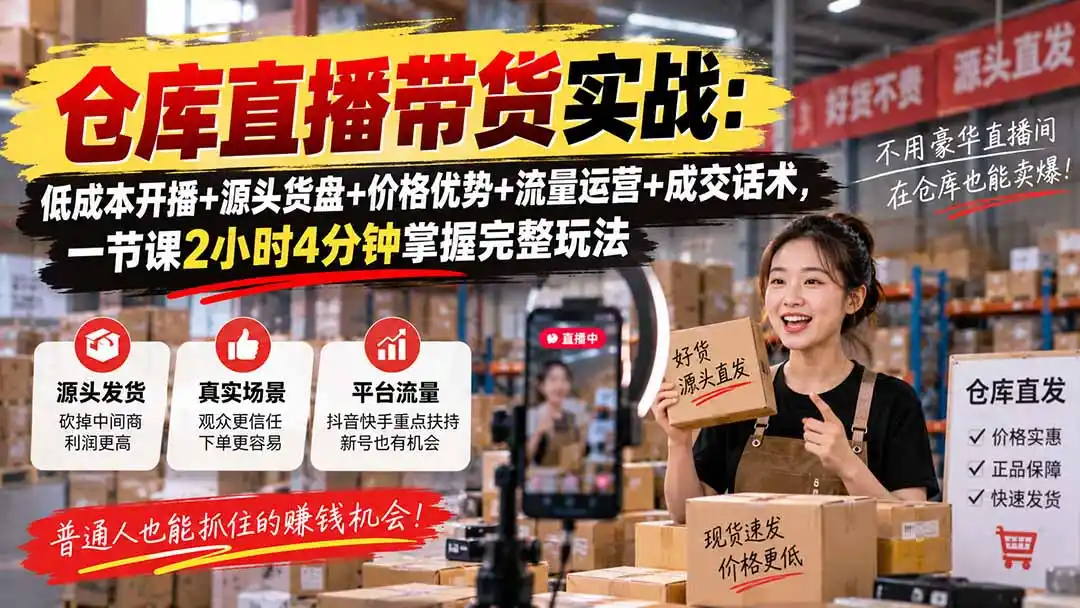 仓库直播带货实战：低成本开播+源头货盘+价格优势+流量运营+成交话术，一节课2小时4分钟掌握完整玩法-阿牛笔记