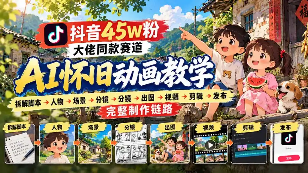 抖音45W粉大佬同款赛道AI怀旧动画教学：拆解脚本→人物→场景→分镜→出图→视频→剪辑→发布完整制作链路-阿牛笔记