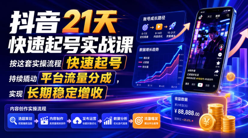 抖音21天快速起号实战课,按这套实操流程快速起号,持续撬动平台流量分成,实现长期稳定增收-阿牛笔记