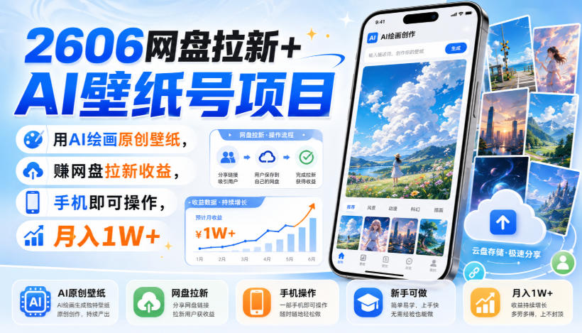 2606网盘拉新+AI壁纸号项目，用AI绘画原创壁纸，賺网盘拉新收益，手机即可操作，月入1W+-阿牛笔记