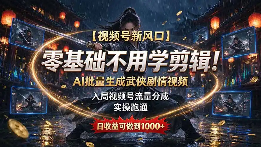 【视频号新风口】零基础不用学剪辑！AI 批量生成武侠剧情视频，入局视频号流量分成，实操跑通，日收益可做到 1000+-阿牛笔记