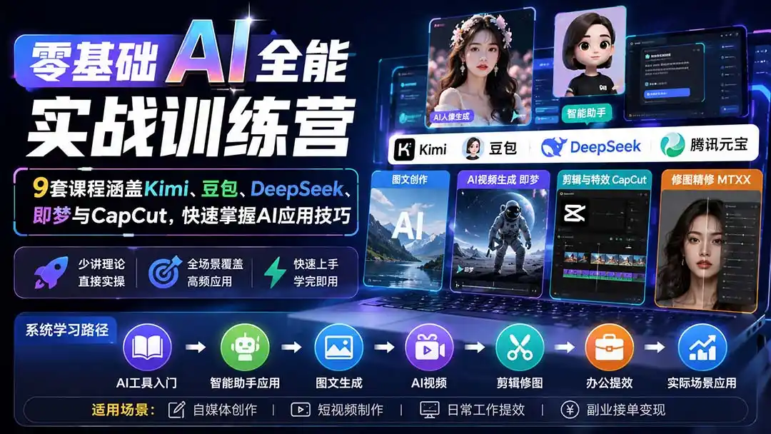 零基础AI全能实战训练营：9套课程涵盖Kimi、豆包、DeepSeek、即梦与CapCut，快速掌握AI应用技巧-阿牛笔记
