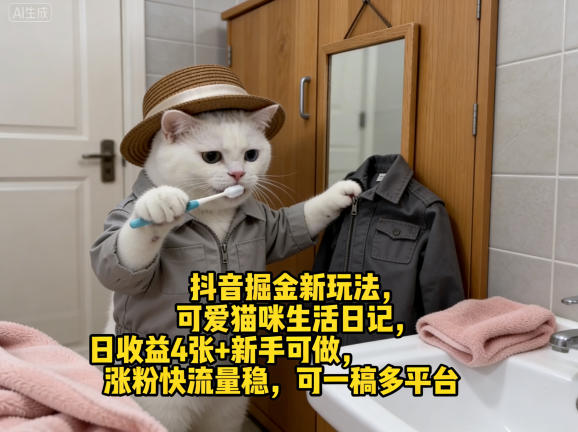 抖音掘金新玩法，可爱猫咪生活日记，日收益4张+新手可做，涨粉快流量稳，可一稿多平台-阿牛笔记