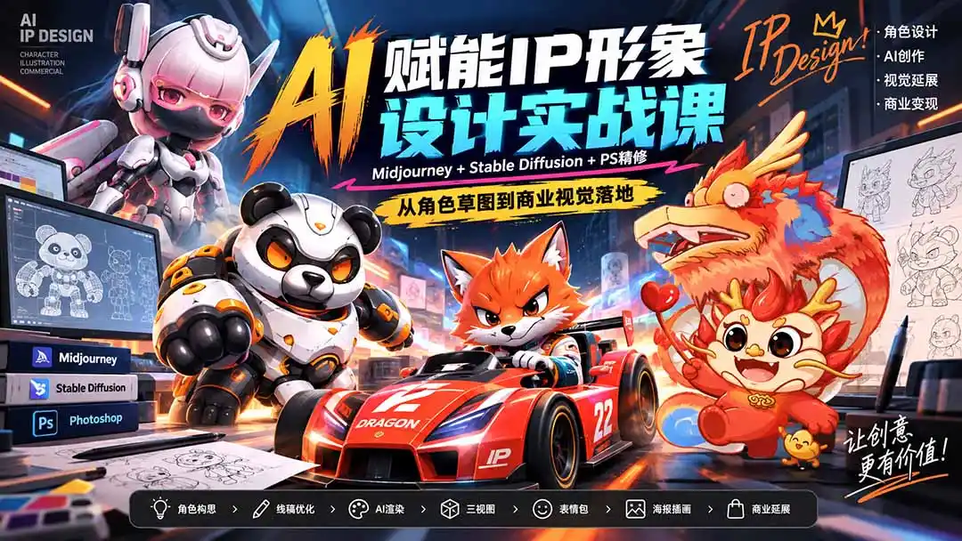 AI赋能IP形象设计实战课-无水印：Midjourney+Stable Diffusion+PS精修，从角色草图到商业视觉落地-阿牛笔记