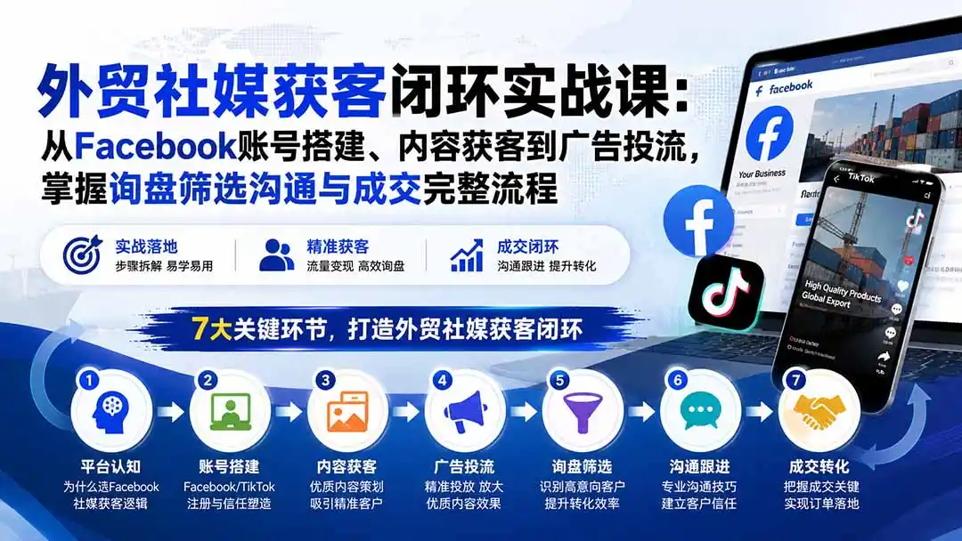 外贸社媒获客闭环实战课：从Facebook账号搭建、内容获客到广告投流，掌握询盘筛选沟通与成交完整流程-阿牛笔记