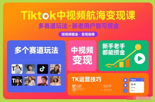 Tiktok中视频航海变现课，多个赛道玩法，新手老手都能在TK中视频捞金-阿牛笔记