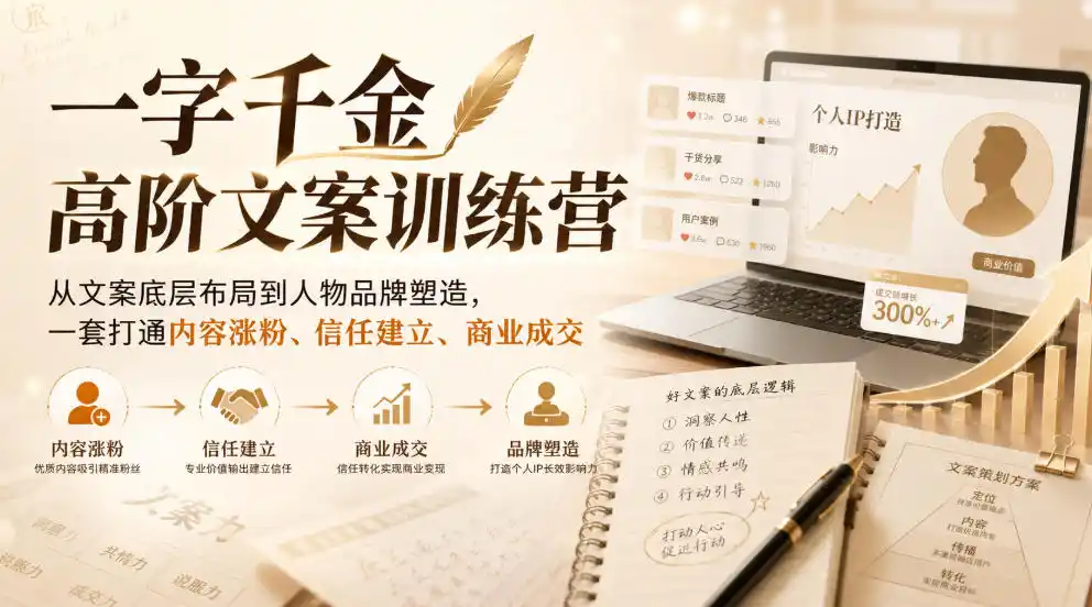 一字千金高阶文案训练营，从文案底层布局到人物品牌塑造，一套打通内容涨粉、信任建立、商业成交-阿牛笔记