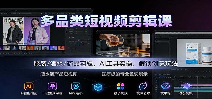 多品类短视频剪辑课：服装/酒水/药品剪辑，AI工具实操，解锁创意玩法-阿牛笔记