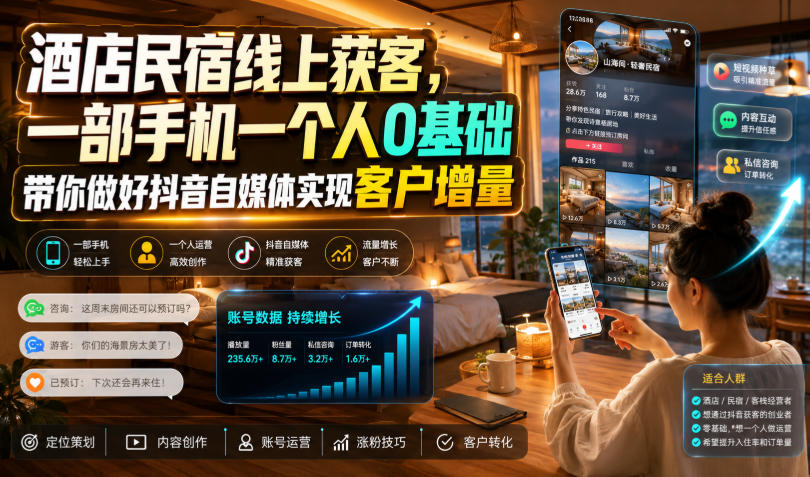 酒店民宿线上获客，一部手机一个人0基础带你做好抖音自媒体实现客户增量-阿牛笔记