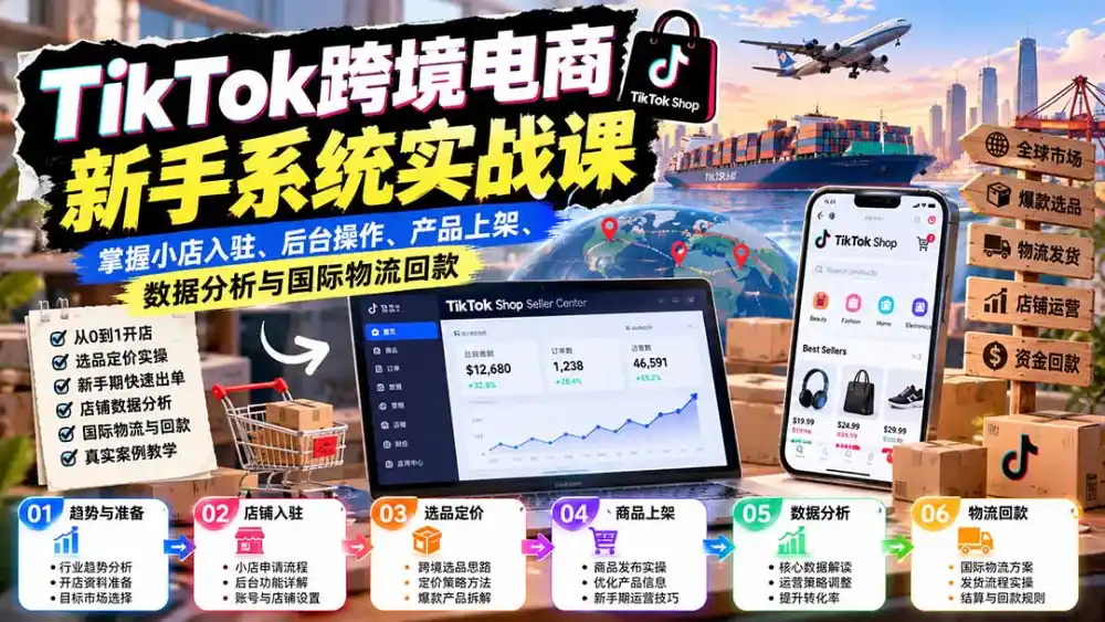 TikTok跨境电商新手系统实战课：掌握小店入驻、后台操作、产品上架、数据分析与国际物流回款-阿牛笔记