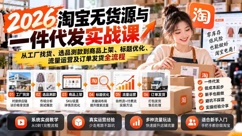 2026淘宝无货源与一件代发实战课：从工厂找货、选品测款到商品上架、标题优化、流量运营及订单发货全流程-阿牛笔记
