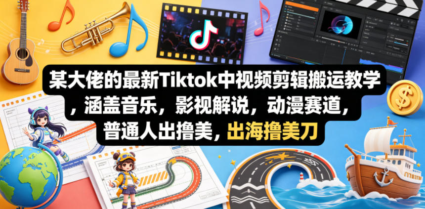 某大佬的最新Tiktok中视频剪辑搬运教学，涵盖音乐，影视解说，动漫赛道，普通人出海撸美刀-阿牛笔记
