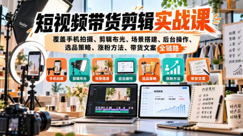 短视频带货剪辑实战课,覆盖手机拍摄、剪辑布光、场景搭建、后台操作、选品策略、涨粉方法、带货文案全链路-阿牛笔记