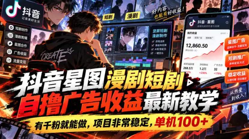 抖音星图漫剧短剧自撸广告收益最新教学,有千粉就能做,项目非常稳定,单机100+-阿牛笔记