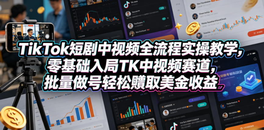 TikTok短剧中视频全流程实操教学，零基础入局TK中视频赛道，批量做号轻松賺取美金收益-阿牛笔记