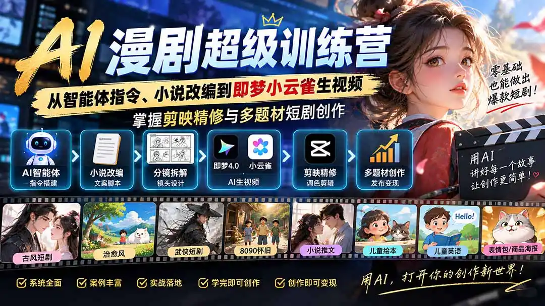AI漫剧超级特训营：从智能体指令、小说改编到即梦小云雀生视频，掌握剪映精修与多题材短剧创作-阿牛笔记