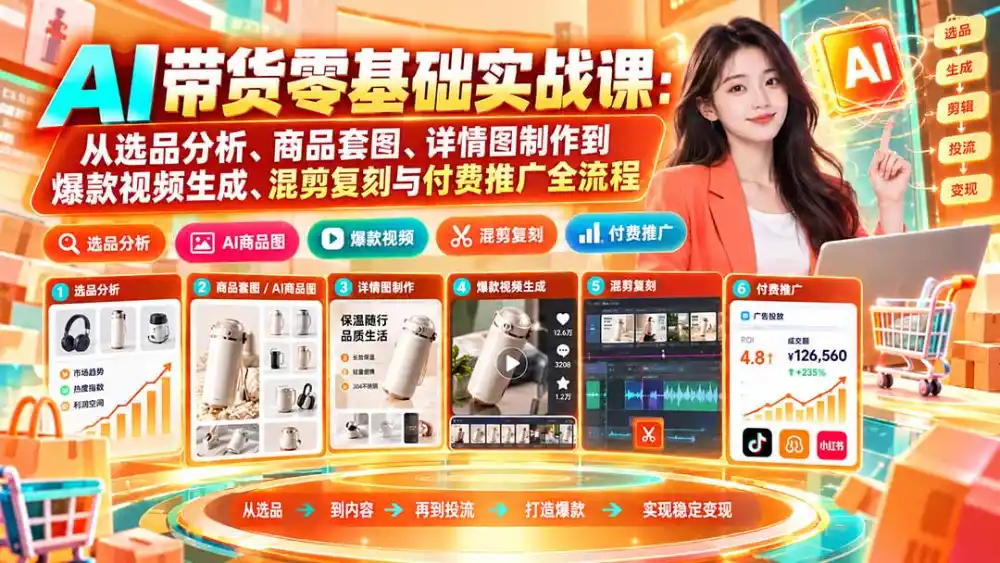 AI带货零基础实战课：从选品分析、商品套图、详情图制作到爆款视频生成、混剪复刻与付费推广全流程-阿牛笔记